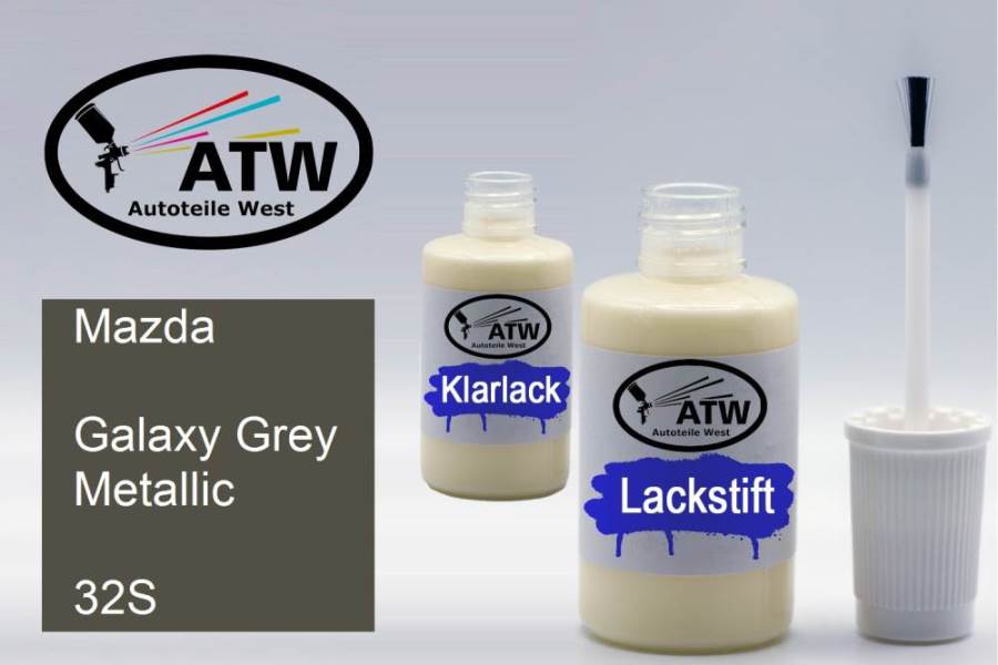 Mazda, Galaxy Grey Metallic, 32S: 20ml Lackstift + 20ml Klarlack - Set, von ATW Autoteile West.